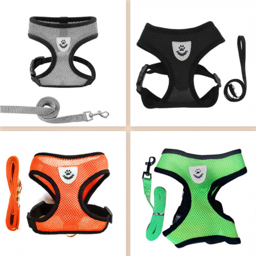 Pet Mesh Harness, Sandwich Breathable All-Season Harness Leash Set for Dogs & Cats, Collar & Dog Chain