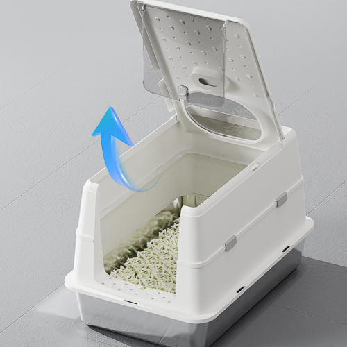 Stainless Steel Fully Enclosed Cat Litter Box, Top-Entry Flip Cover Extra Large Cat Toilet, High Thickened Anti-Splash Anti-Tracking Litter Box